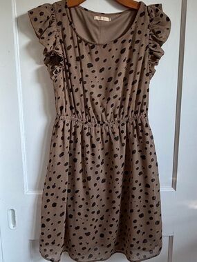 Tulle Taupe Polka Dot Ruffle Sleeve Dress